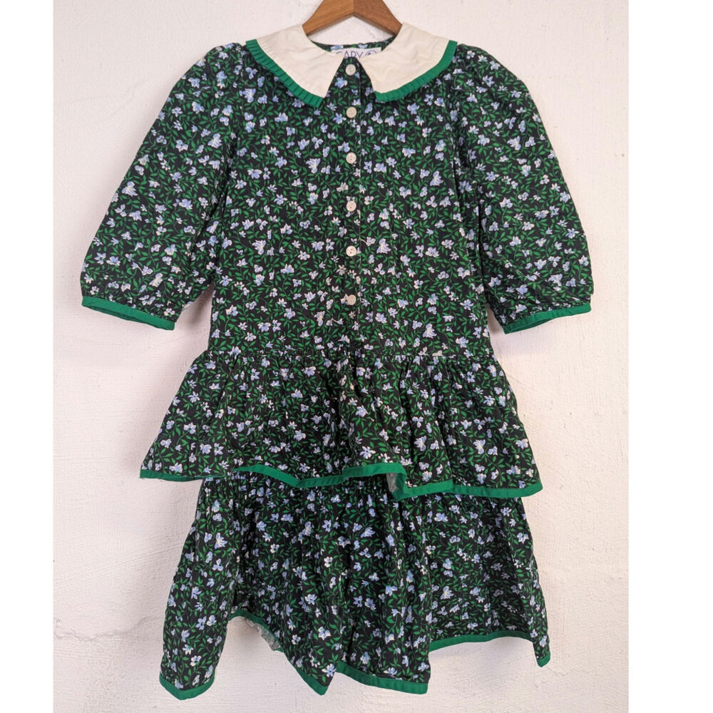 Vtg Cary San Francisco Prairie Dress Black Green Floral Peter Pan Collar Girls 8